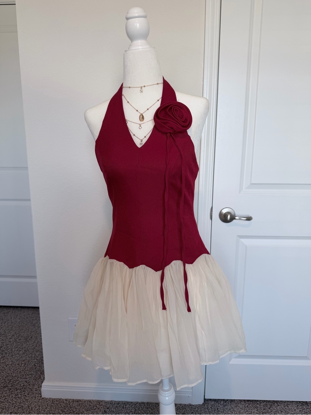 Red Halter Neck Tulle Mini Dress